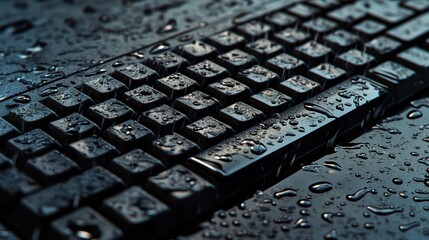 Poster - Close Up of a Keyboard Drenched in Water Droplets Highlighting a Refreshing and Invigorating Tech Atmosphere