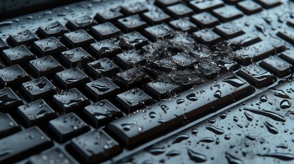 Poster - Close Up of a Computer Keyboard with Water Droplets Creating a Unique Reflective Surface and Modern Technology Aesthetic