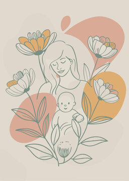 Mothers Day card set. Trendy posters or covers with flowers, abstract floral patterns and mother with child illustration in mid century modern art style. Spring summer bright abstract templates 