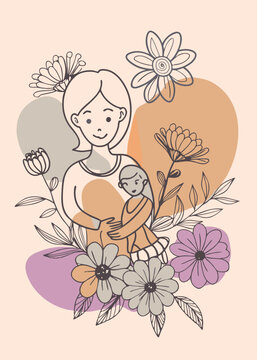 Mothers Day card set. Trendy posters or covers with flowers, abstract floral patterns and mother with child illustration in mid century modern art style. Spring summer bright abstract templates 
