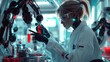 © ProPhotos - A female scientist in a white lab coat and glasses, holding a test tube with a glowing red liquid, surrounded by robotic arms and futuristic lab equipment in a brightly lit laboratory.