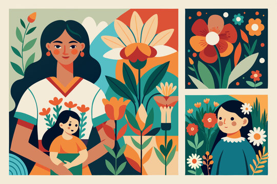 Mothers Day card set. Trendy posters or covers with flowers, abstract floral patterns and mother with child illustration in mid century modern art style. Spring summer bright abstract templates 