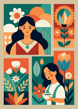 Mothers Day card set. Trendy posters or covers with flowers, abstract floral patterns and mother with child illustration in mid century modern art style. Spring summer bright abstract templates 