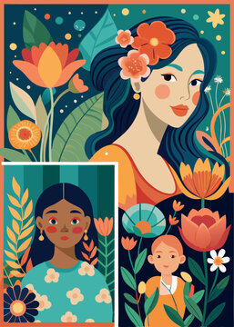 Mothers Day card set. Trendy posters or covers with flowers, abstract floral patterns and mother with child illustration in mid century modern art style. Spring summer bright abstract templates 