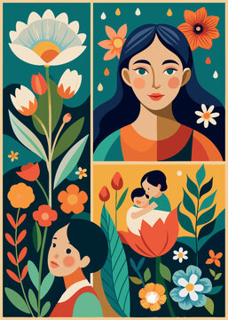 Mothers Day card set. Trendy posters or covers with flowers, abstract floral patterns and mother with child illustration in mid century modern art style. Spring summer bright abstract templates 