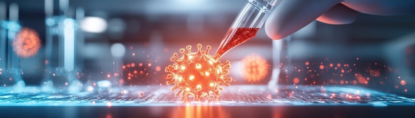 Poster - Dedicated Laboratory Worker Examining Blood Sample in Test Tube Under Bright Lights in a Professional Scientific Environment