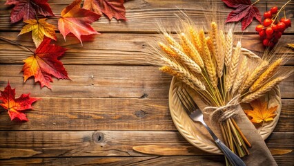 Wall Mural - Fall foliage in a rustic wooden table setting with golden wheat and red leaves , fall decor