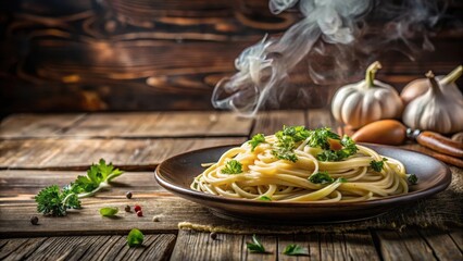 Wall Mural - Steaming plate of pasta with garlic and herbs on a rustic wooden table, wood, italian food