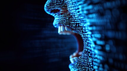 Aufkleber - Astonished Individual Gazes at Flowing Binary Code Symbolizing Digital Transformation and Technological Revolution
