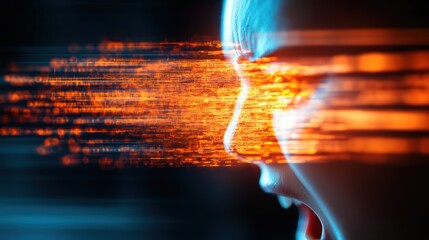 Poster - A Creative Portrait of a Person with Face Covered in Vibrant Orange and Blue Lines Showcasing Unique Artistic Expression