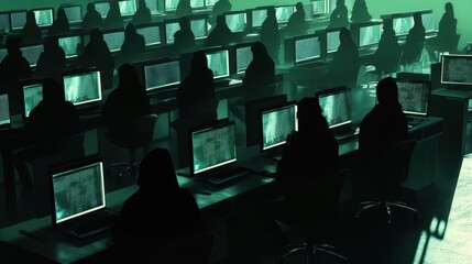 Poster - Dynamic Workspace Filled with Multiple Computer Monitors and Silhouetted Figures Engaged in Technology and Collaboration