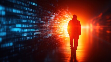 Aufkleber - A solitary figure walks through a futuristic tunnel filled with vibrant flowing data streams illuminated by soft lights