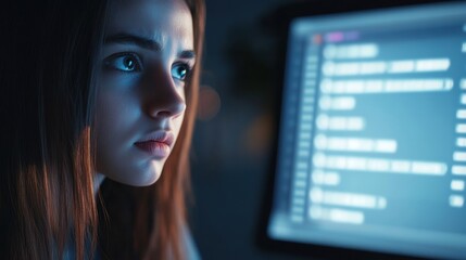 Poster - Focused Woman Engaged with Computer Screen in Cozy Home Office Setting Surrounded by Books and Natural Light