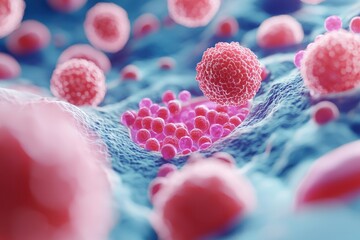 Poster - A vibrant, microscopic view of cells showcasing various shapes and sizes, reflecting the complexity and beauty of biological structures.