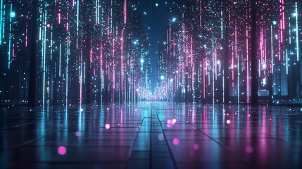 Poster - a glowing 3d animation of a city park at night, with neon lights creating a magical, illuminated atm