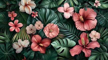 Poster - a botanical illustration featuring exotic flowers and leaves in a dense, jungle-like setting, captur