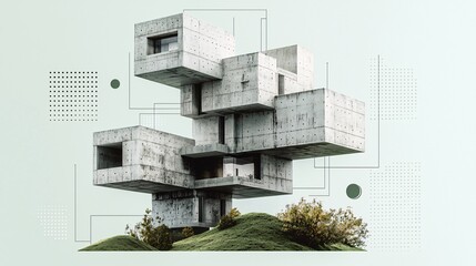 Poster - an architectural collage combining neo brutalism with natural landscapes, featuring concrete structu