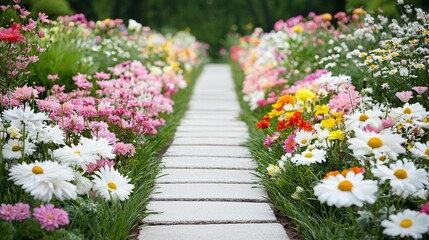 Poster - a garden path covered in different varieties of flowers, creating a bright and colorful natural sett