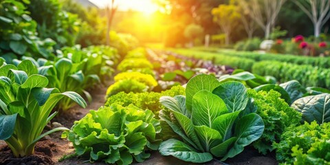 Wall Mural - Lush green leafy vegetables and fruits growing in a vegetable garden under the warm sun, harvest