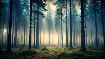 Wall Mural - Dark forest atmosphere with tall trees and misty fog, dark forest, earthy tones, dark forest, earthy tones