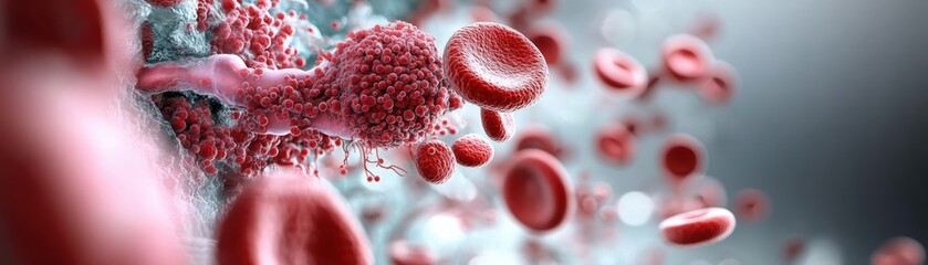 Poster - intricate microscopic view of blood cells highlighting red blood cells with vivid coloration in a sc