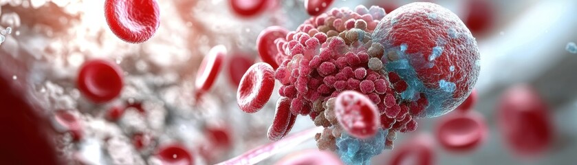 Poster - magnified view of blood cells showcasing red blood cells in vibrant detail representing life and vit