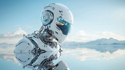 Poster - An image of a reflective, chrome-covered robot standing in a futuristic landscape, with a mirror-like surface reflecting the surroundings,