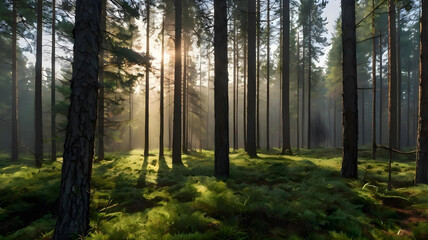  A panoramic view of a misty forest at sunrise, with sunlight filtering through tall pine trees and dew-covered grass