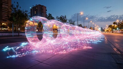Poster - An urban scene with glowing 3D graffiti art that appears to come to life under streetlights,