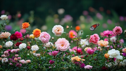 Poster - a garden full of blooming roses and wildflowers, with butterflies fluttering around, creating a peac