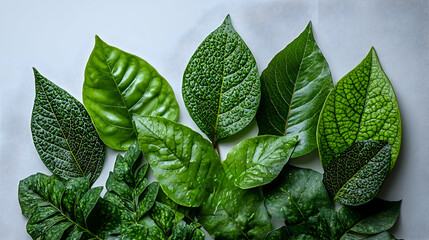 Wall Mural - lush green leaves arranged on white background, nature photography for eco-friendly design.