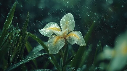 Poster - Close-Up Shot of Beautiful Single Iris Flower with Dew Drops on Petals