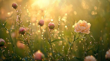 Poster - Dreamy Composition of Peonies with Dew Drops in Soft Morning Light