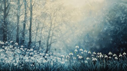 Poster - Gentle Breeze Causing Snowdrops to Sway in a Softly Lit Forest Setting