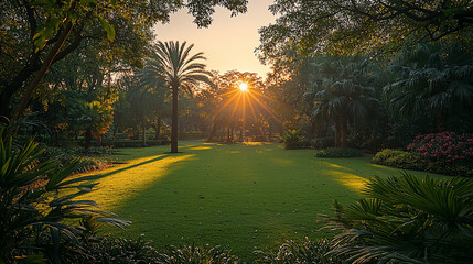 Wall Mural - Sunrise illuminates lush tropical garden, palm trees casting shadows on vibrant green lawn.