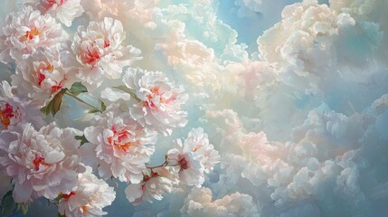 Poster - Ethereal Backdrop of Swirling Clouds and Delicate Pink Flowers in Soft Pastel Colors