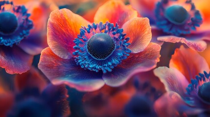 Poster - Intimate Close-Up of Vibrant Anemone Blossoms in Stunning Color Palette