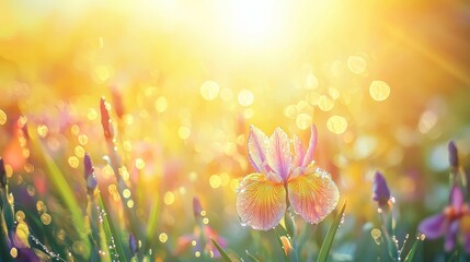 Poster - Close-up of Intricate Iris Petals Adorned with Dew in a Sunlit Meadow