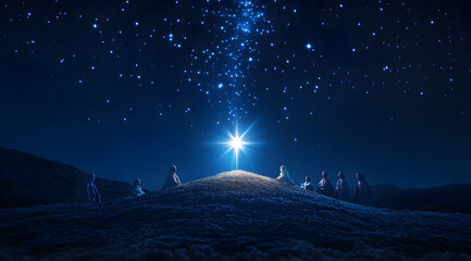 Wall Mural - bright shining star of bethlehem on dark blue starry night sky. star of jesus, christmas star. nativ