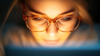Poster - Focused Woman in Glasses Engaged with Laptop Screen Surrounded by a Cozy and Inviting Workspace Environment at Home