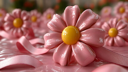 Sticker - Glossy Pink Flower with Yellow Center Lies on a Pink Surface with Pink Ribbons