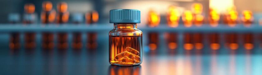Poster - Glass Bottle Filled with Colorful Liquid Placed on a Rustic Wooden Table Surrounded by Soft Natural Light and Shadows