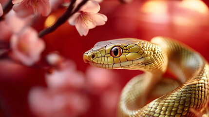 Wall Mural - Beautiful golden wavy snake on red background with cherry blossom flowers and asian lanterns. Happy Chinese Lunar New Year 2025. Snake zodiac sign, horoskope. Animal character, exotic pet