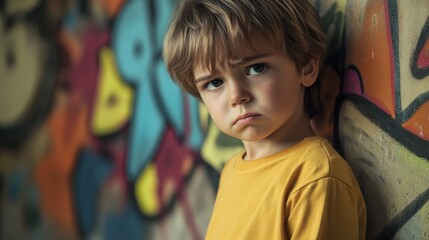 Poster - Young Boy Leaning Against Graffiti Covered Wall in Urban Environment Capturing Youthful Spirit and Vibrant Street Art Culture