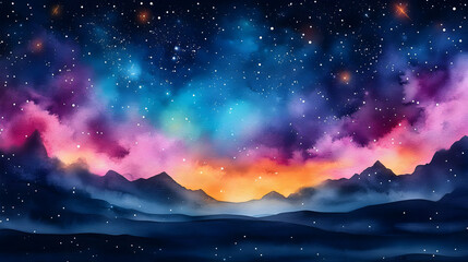 Sticker - Watercolor Painting of Mountains Under a Vibrant Starry Night Sky