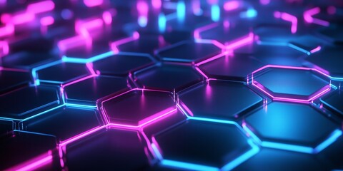 Leinwandbilder - Bright hexagonal neon lights set against a deep, dark backdrop create a striking visual contrast that captures attention.