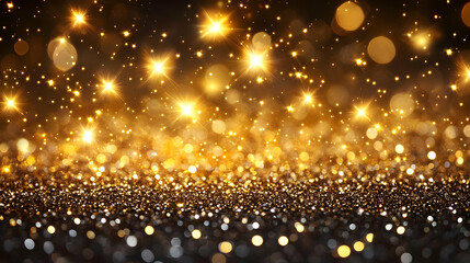 Wall Mural - Golden Glitter Sparkles Shine Brightly on a Dark Background with Bokeh Effect