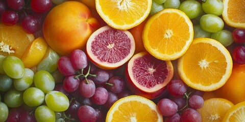 Poster - Delicious slices of peach, grapes, and citrus fruits create a vibrant medley. Enjoy this colorful display of peach, grapes, and citrus fruits for a refreshing summer treat.