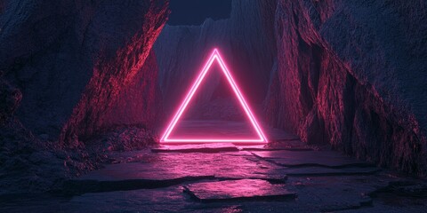 Leinwandbilder - An abstract dark stone backdrop features a luminous pink neon triangle, rendered in stunning 8K resolution for exceptional clarity and visual appeal.