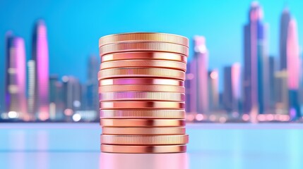Poster - Stacked Coins with Urban City Skyline in the Background at Night